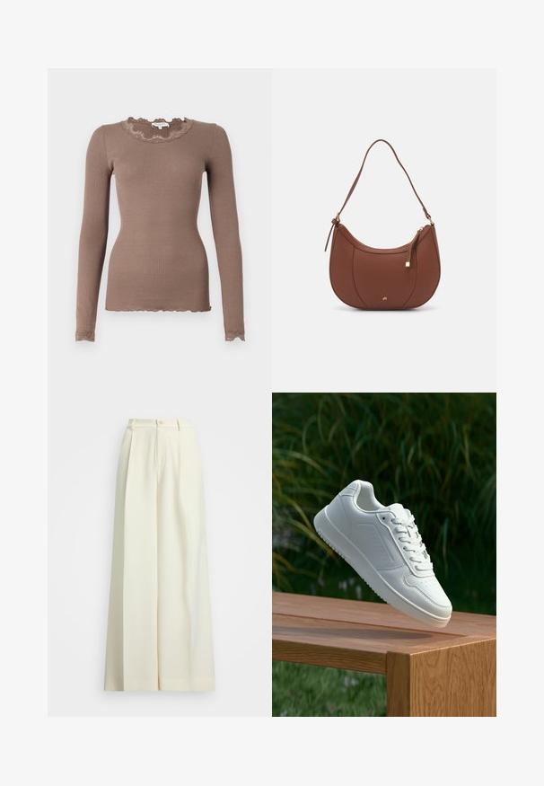 Pruun ribadega pika varrukaga pluus, millel on sakilise pitsist kaelus ja äär. Omab slim fit lõiget ja tekstureeritud kangast lisadetailideks.; Laiad sääred valgest kangast, kõrge värviga, topeltpliiatsi ja nupuga kinnitusega. Sile tekstuur ja kohandatud disain.; Valged sneakerd, millel on sile sünteetiline ülemine osa, väikeste aukudega varvaskast, lamedad paelad ja tekstuuriga tald, eksponeeritud puidust pinnal.; Pruun faux nahast õlaline kott, millel on kaarjas kuju, minimaalne õmblemine ja kuldse tooni metallist aksessuaar. Omab ülemist tõmblukku ja reguleeritavat rihma.