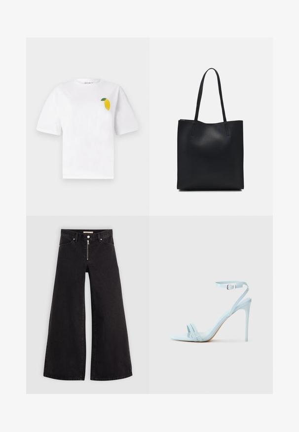 White cotton t-shirt with short sleeves, featuring a small yellow lemon design with a green leaf on the left chest area.; Wide-leg jeans in black denim with a zippered front, five-pocket design, and subtle stitching details. Smooth texture and casual style.; Light blue stiletto sandal with two front straps and ankle strap, made of smooth patent material, featuring a slim heel and minimal design.; Black leather tote bag with smooth texture, rectangular shape, and two long handles. No visible hardware or embellishments.