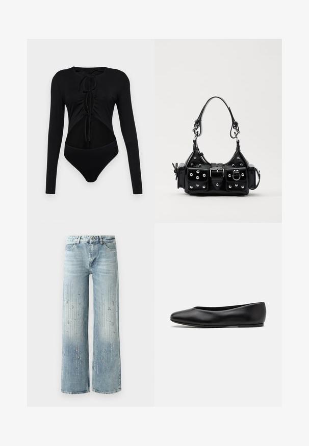 Czarny bodysuit z długim rękawem i okrągłym dekoltem, z wyciętymi bokami i regulowanymi sznurkami z przodu. Wykonany z gładkiego, elastycznego materiału.; Jasnoniebieskie dżinsy typu wide-leg wykonane z denimu, z gradientowym efektem kolorystycznym i ozdobami z srebrnych cyrkonii w pionowym wzorze.; Paul Smith TOPANGA czarny; Czarna skórzana torebka w zakrzywionym kształcie, z srebrnymi ćwiekami, klamrą i dwoma bocznymi kieszeniami. Regulowany pasek umożliwiający różne opcje noszenia.