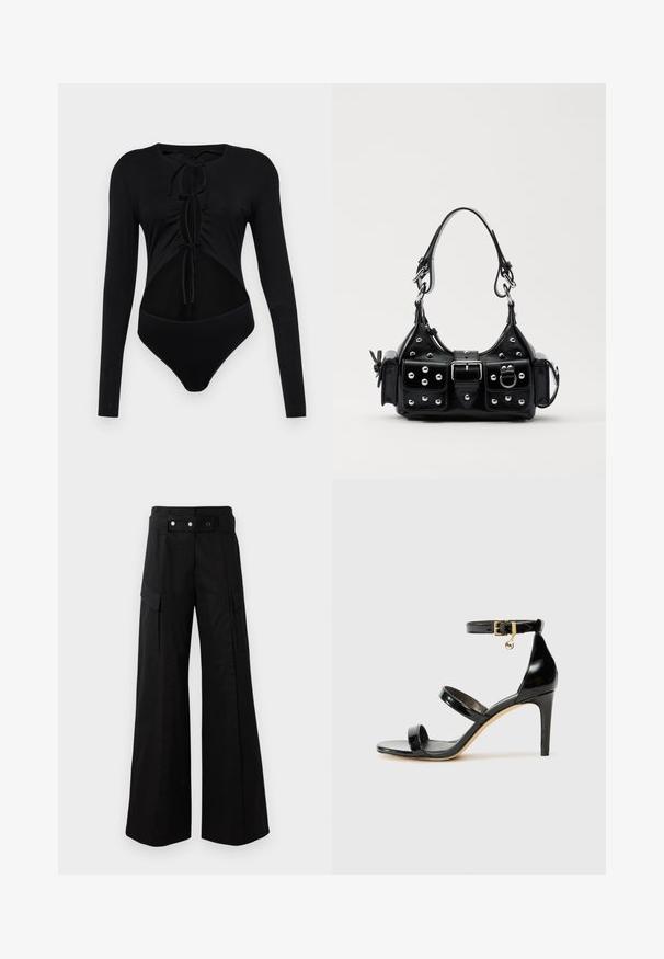 Czarny bodysuit z długim rękawem i okrągłym dekoltem, z wyciętymi bokami i regulowanymi sznurkami z przodu. Wykonany z gładkiego, elastycznego materiału.; Czarne szerokie spodnie z wysokim stanem, z dużymi bocznymi kieszeniami, dwoma guzikami z przodu i detalem w kształcie pętli. Wykonane z mocnej tkaniny.; Czarne lakierowane sandały na paski z trzema paskami, zapięciem na kostce i 10-centymetrowym obcasem w szpilce. Zawierają złote detale oraz zawieszkę z logo.; Czarna skórzana torebka w zakrzywionym kształcie, z srebrnymi ćwiekami, klamrą i dwoma bocznymi kieszeniami. Regulowany pasek umożliwiający różne opcje noszenia.