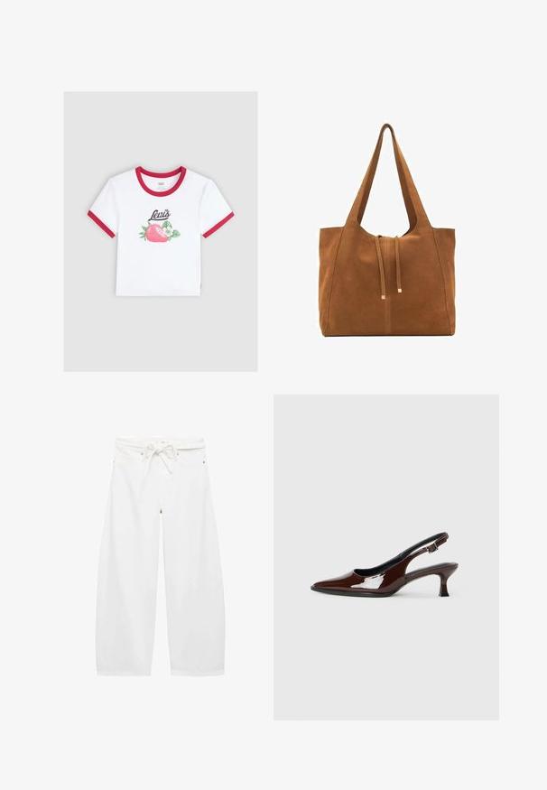 White cotton t-shirt with red ringer collar and sleeves. Features a strawberry graphic with green leaves and the "Levi's" logo printed above.; White wide-leg pants made of lightweight fabric, featuring a drawstring waist, two front pockets, and simple metal hardware accents.; Brown patent leather slingback shoe with a pointed toe and a moderate heel. Features a buckle strap for secure fit. Smooth texture.; Brown suede tote bag with two long straps, drawstring closure, and minimalistic design. Smooth texture and no visible hardware accents.