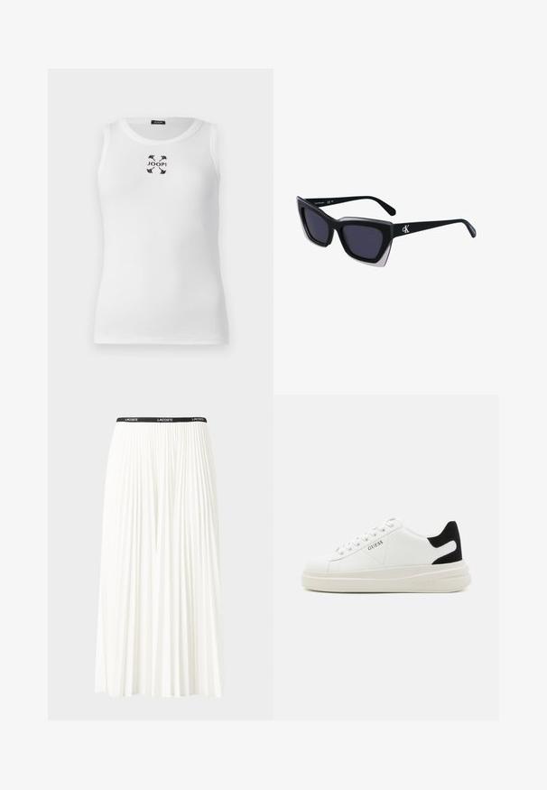 Balta liemenėlė su įribuotu paviršiumi, apvaliu kaklu ir juodu siuvinėtu logotipu centre, papuošta drugelių akcentais.; Pleated balta sijonas su juodu elastiniu juosmeniu, ant kurio yra "LACOSTE" logotipas. Vidutinio ilgio dizainas su švelnia tekstūra.; Baltos odinės sportbačiai su storu baltu padu, juodu nubuko kulno akcentu ir iškilmingu logotipu šone. Su raišteliais, turinčiais šešis akinius.; Juodos didelės saulės akinių su geometrine forma, turinčiais tamsius objektyvus ir kontrastingą pilką detalę ant rėmelio. Logotipas ant šalon.