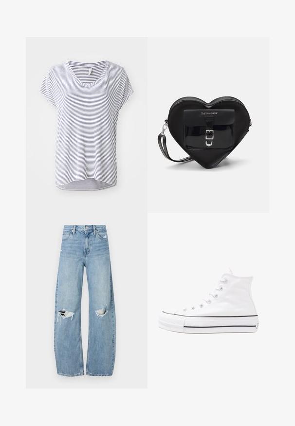 Prúžkované tričko s krátkym rukávom a výstrihom do V v bielej a námorníckej modrej farbe, s voľným strihom a zaobleným spodným okrajom. Zmes bavlny pre pohodlie.; Svetlomodré, vysoké džínsy vyrobené z denimu. Majú široké nohavice, dve roztrhnuté kolená a klasický päťvreckový strih.; Biele vysoké plátené tenisky s čiernou gumovou podošvou, prednou gumovou špičkou a šiestimi okami na šnúrky, s čistým, minimalistickým dizajnom.; Čierna taška v tvare srdca vyrobená z lakovanej kože má predné vrecko so zapínaním na pracku a odnímateľný popruh. Strieborné kovanie.