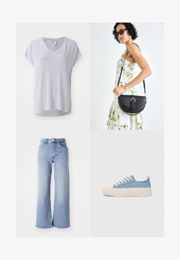 Striped short-sleeve V-neck t-shirt in white and navy blue, featuring a relaxed fit and rounded hem. Cotton blend for comfort.; Light blue high-waist wide-leg jeans with front and back pockets, button closure, and subtle fading on the thighs and hems.; Light blue canvas sneakers with a cream rubber toe cap and outsole, featuring white laces and a pull tab on the heel.; Black leather handbag with a curved shape, detachable strap, and gold hardware. The bag features a flap with a buckle detail.