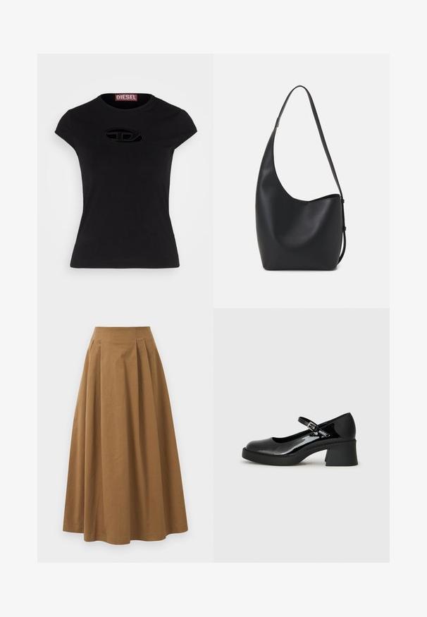 Melnā īsā piedurkņu T-kreklā ar pieguļošu dizainu, kas priekšpusē rotāts ar teksturētu Diesel logo ovālā formā.; Brūna kokvilnas A formas svārki ar augstu jostasvietu, kurai priekšā ir krokas un gluda tekstūra. Apakšmala ir tīra un vienkārša.; Melni lakoti Mary Jane zābaki ar noapaļotu purngalu, regulējamu siksniņu un masīlu kvadrātveida papēdi. Iespējo teksturēta zole.; Melnas ādas hobo soma ar gludu tekstūru, izliekta forma un vienu regulējamu jostu; augšā ir plaša atvere.