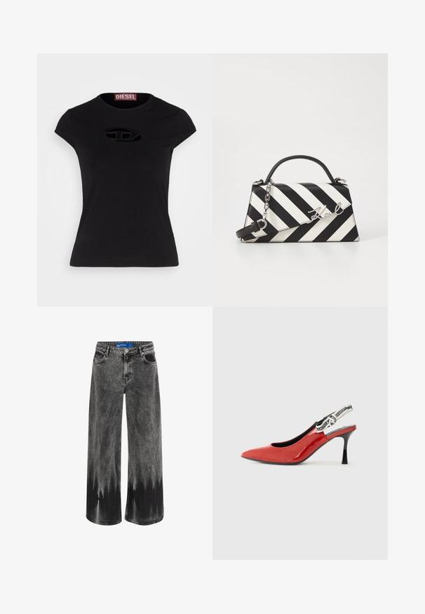 Camiseta negra de manga corta con un diseño entallado, que presenta un logo texturizado de Diesel en forma ovalada en la parte frontal.; Jeans de pierna ancha en denim negro deslavado, con un efecto de teñido de sumi, herrajes de acero y un diseño clásico de cinco bolsillos con una cinturilla estándar.; Zapato slingback de charol rojo con punta afilada, tacón negro y una tira decorativa de tela que presenta un patrón de logo repetido.; Bolso de mano a rayas en blanco y negro con una forma estructurada, que cuenta con un asa superior, una correa de cadena desmontable y un acento de logo metálico.