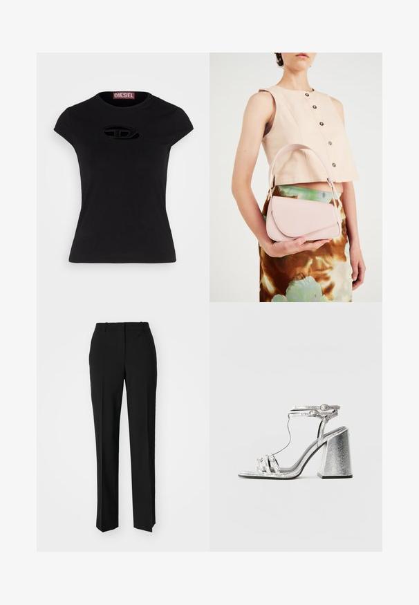 Musthave musta lühikeste varrukatega T-särk, millel on läikiv disain, ees ovaalses kujus tekstureeritud Diesel logo.; Mustad ja sirged püksid, millel on sile tekstuur ja teravad voldid esiosas. Ilma nähtavate detailideta.; Hallidega hõbedased sandaalid, millel on plokknööp, õhukeste rihmadega ja pahkluu klambriga. Materjalil on metallik viimistlus ja tekstureeritud välimus.; Roosa nahast käekott, millel on kõver klapp, üks õlarihm ja puhtad jooned. Kotil on sile pind ja minimalistik disain.