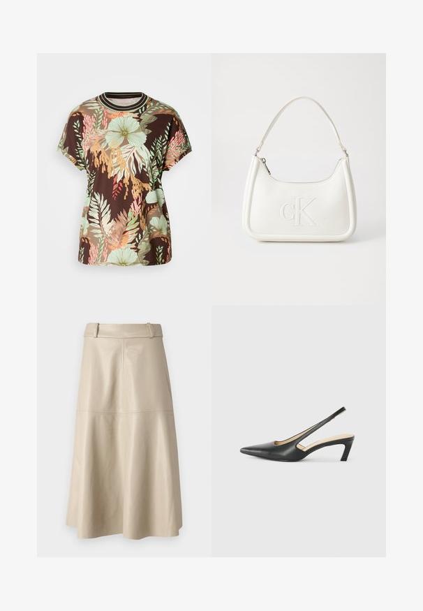 Camiseta marrón con un vibrante estampado floral tropical en verde, melocotón y rojo. Manga corta, cuello redondo y corte relajado.; Falda midi de cuero beige con una textura suave, cinturilla ancha y dobladillo acampanado; presenta costuras cosidas para un detalle adicional.; Zapato negro de punta afilada tipo slingback con un tacón bajo, que presenta un material de cuero suave y un diseño recortado en el lateral para mayor transpirabilidad.; Bolso de mano de cuero blanco con forma curvada, con un logo "CK" en relieve en la parte delantera y una sola correa para el hombro. Cierre de cremallera en la parte superior.