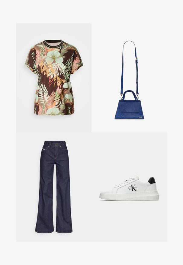 Rjava majica s živahnim tropskim cvetnim motivom v zeleni, breskev in rdeči barvi. Kratki rokavi, okrogla vratna zareza in sproščen kroj.; Temno modri široki kavbojke iz denima z visokim pasom, ki imajo oranžne šive, pet žepov in gumba za zapiranje.; Bele nizke superge z črnim hrbtnim delom, platformo, vezalkami in Calvin Klein "CK" logotipom na strani.; Modra torbica iz umetnega usnja s trokutasto obliko, zgornjim ročajem in nastavljivim naramnim trakom. Ima gladko teksturo in detajle na sprednjem pokrovu.