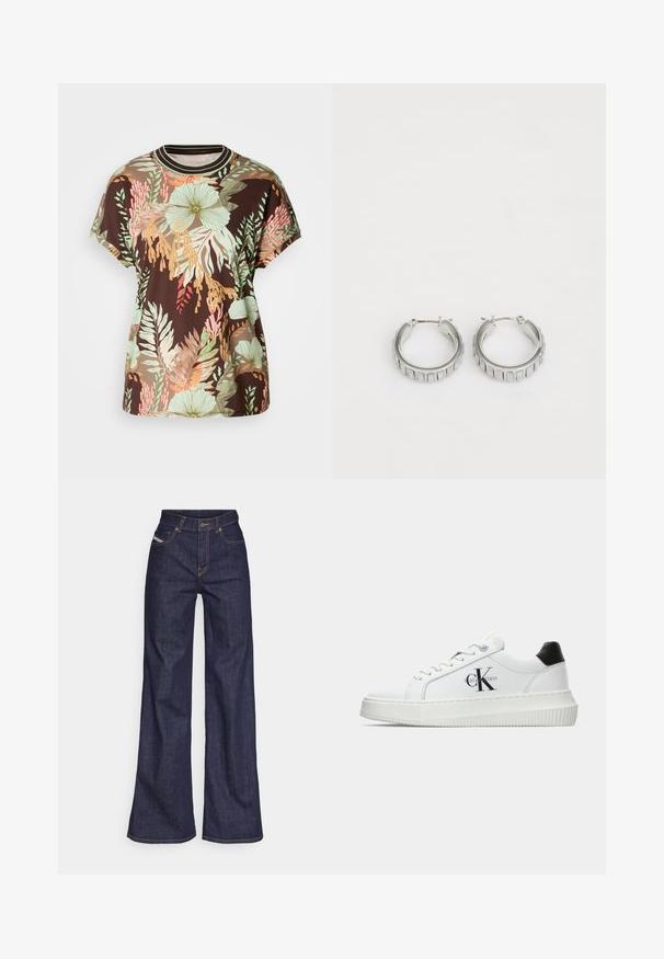 Pruun T-särk, millel on elav troopiline lilleline muster rohelise, peachi ja punasega. Lühikesed varrukad, ümmargune kaelus ja mugav lõige.; Tumedates sinised laiad teksad denimpesus, kõrge vöökohaga, mis on varustatud oranžide õmblustega, viie-taskulise disaini ja nööbiga kinnitusega.; Valge madalate sokkidega jooksutoss, millel on must konts, platvormi tallad, paelad ja Calvin Kleini "CK" logo küljel.; Hõbedased rõngassõrmed tekstureeritud disainiga, kus on vertikaalsed sooned. Ümmargune kuju ja kindel lukustus. Sile viimistlus.