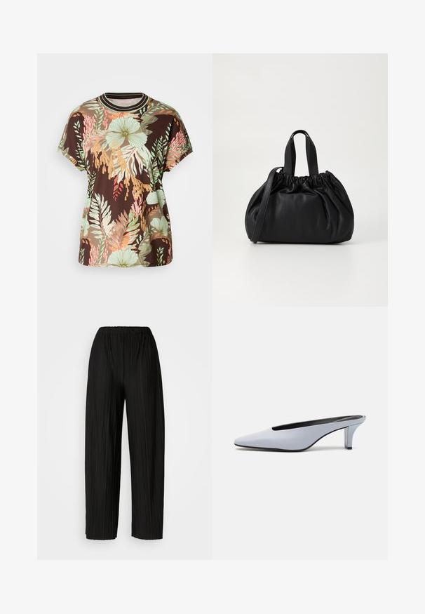 Smeđa majica s vibrantnim tropskim cvjetnim uzorkom u zelenoj, breskvasnoj i crvenoj boji. Kratki rukavi, okrugli izrez i opušteni kroj.; Crne široke hlače s nabranim nogavicama i elastičnim pojasom. Tkanina ima vertikalne nabore i glatku teksturu.; Tamnoplava lakirana mule cipela s oštrim nosom, niskim prozirnim potpeticama i elegantnim dizajnom s izrezom na gornjem dijelu.; Crna kožna torba s nabranim dizajnom na vrhu, s dva kratka ručka i dugim podesivim remenom. Glatka tekstura, zaobljen oblik.