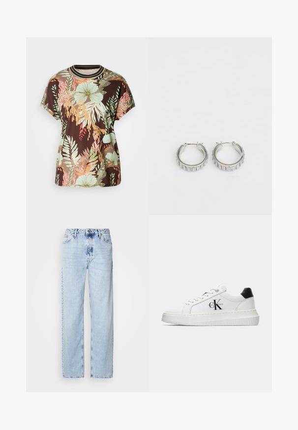 Tricou brown cu un imprimeu floral tropical vibrant în verde, piersică și roșu. Mâneci scurte, gât rotund și croială lejeră.; Jeans lejere de culoare albastru deschis, realizate din denim, având talie înaltă, spălare ușoară și un model subtil de tie-dye pe partea din față.; Adidași albi cu glezna joasă, cu tab-ul de călcâi negru, talpă platformă, șireturi și logo-ul "CK" de la Calvin Klein pe lateral.; Cercei din argint în formă de cerc cu un design texturat, ce prezintă striții verticale. Formă circulară cu un sistem de închidere sigur. Finisaj neted.