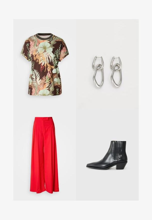 Hnedé tričko s živým tropickým kvetinovým vzorom v zelenej, broskyňovej a červenej farbe. Krátke rukávy, okrúhly výstrih a uvoľnený strih.; Červené široké nohavice vyrobené z hladkej tkaniny, ktoré majú predné záhyby, plochý pás a strih prispôsobený postave. Dizajn podčiarkuje plynulú siluetu.; Čierna kožená členková topánka s špicatou špičkou, elastickými bočnými panelmi s vertikálnymi drážkami a nízkym blokovým podpätkom. Hladká textura a elegantný dizajn.; Calvin Klein STATEMENT LINKS - Náušnice - silver-coloured