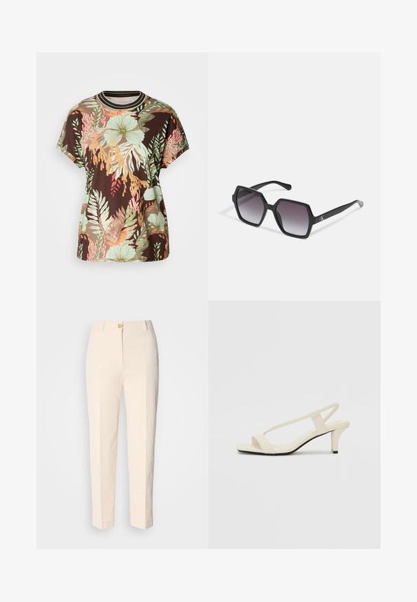 Ruskea t-paita, jossa on kirkas trooppinen kukkakuosi vihreänä, persikkana ja punaisena. Lyhyet hihat, pyöreä kaula-aukko ja rento istuvuus.; Kermanväriset, korkeavyötäröiset housut, jotka on valmistettu teksturoidusta kankaasta. Ominaisuuksia etunappi ja kapenevat lahkeet.; Beige sandaalit, joissa on loiva korko, ohuet hihnat ja neliönmallinen varvasosa. Sileä materiaali, jossa on minimaalista yksityiskohtaa, suunniteltu helppokäyttöiseksi.; Mustat kuusikulmaiset aurinkolasit, joissa on gradient-linssit, kiiltävä pinta ja hienovarainen brändäys sankassa. Kestävä muovinen rakenne.