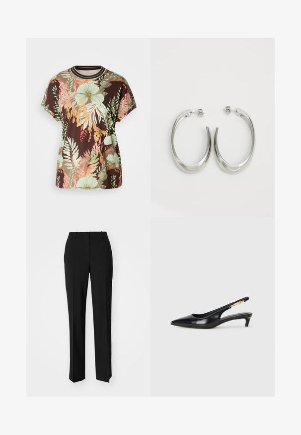 Brown t-shirt featuring a vibrant tropical floral print in green, peach, and red. Short sleeves, round neckline, and relaxed fit.; Black tailored trousers with a straight-leg design, featuring a smooth texture and crisp creases along the front. No visible hardware.; Black leather slingback heels with a pointed toe, featuring a slim heel and a gold-tone accent on the adjustable strap. Smooth texture.; Silver hoop earrings with a smooth, curved design. Features a shiny metallic finish and stud closure. No visible patterns or accents.