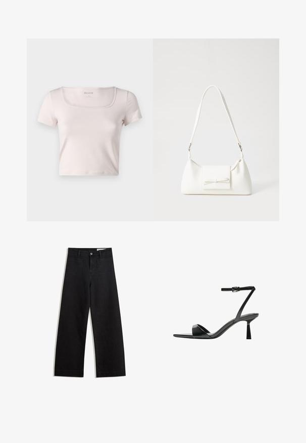 Vaaleanpunainen lyhythihainen t-paita, jossa on neliömainen kaula-aukko, valmistettu pehmeästä materiaalista. Paita on vartalonmyötäinen ja siinä on minimaalisesti saumoja.; Mustat leveät farkut korkealla vyötäröllä, joissa on etu- ja takataskut, ommellut saumat ja nappisuljenta. Silkinoinen rakenne.; Bershka Korolliset sandaalit - black; Valkoinen synteettinen käsilaukku, jossa on kolmikulmainen muoto, tasainen etu läppä ja nauhadetail, säädettävä olkahihna, sileä rakenne ja minimalinen muotoilu.
