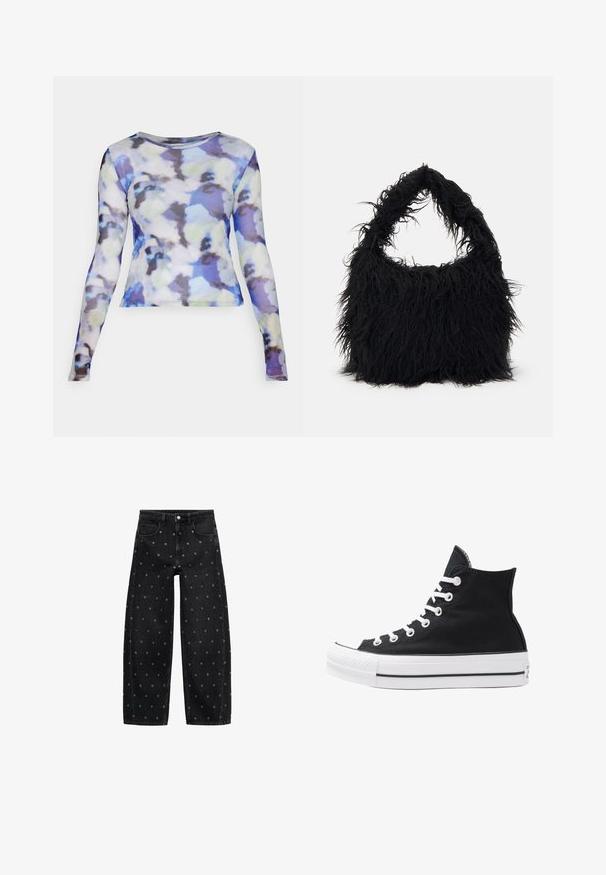 Noisy May NMJUDITH BG - Maglietta a manica lunga - pearled ivory/petal; Jeans a gamba larga in denim nero con un motivo di piccoli occhielli in argento, dotati di un classico design a cinque tasche e chiusura con bottone.; Sneaker alta nera in tela con occhielli e lacci bianchi e suola in gomma. Presenta un punta testurizzata e accenti a strisce bianche e nere.; Even&Odd Shopping bag - black