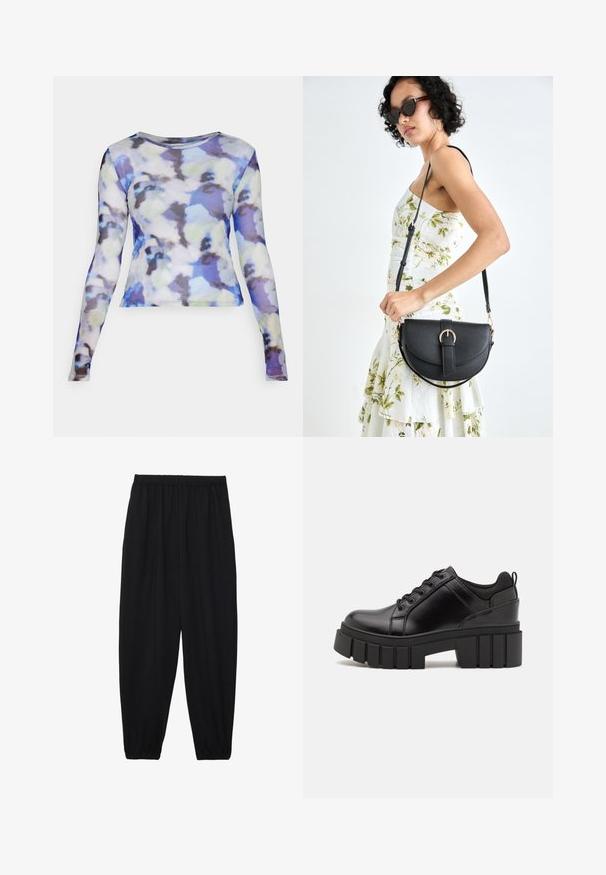 Noisy May NMJUDITH beżowy; Czarne, lekkie spodnie z elastycznym pasem i ściągaczami na kostkach. Materiał jest gładki i ma luźny, zwężany krój.; Czarne skórzane buty na platformie z masywnym słupkowym obcasem, okrągłym noskiem i klasycznym sznurowaniem. Posiadają gładką teksturę i minimalne wykończenia.; Czarna skórzana torebka o zakrzywionym kształcie, z odpinanym paskiem i złotymi akcentami. Torebka posiada klapę z zapięciem w kształcie klamry.