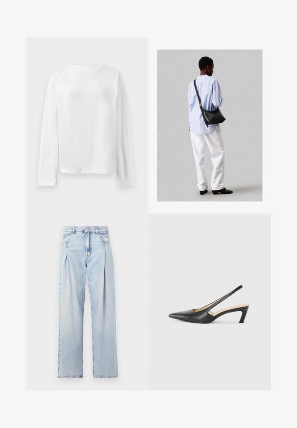 Biely dlhý rukáv tričko, vyrobené z mäkkej bavlny, má okrúhly výstrih, voľný strih a jemne spustené ramená. Žiadne viditeľné vzory ani akcenty.; Svetlomodré džínsy s vysokým pásom, širším strihom po celej dĺžke, dvoma bočnými vreckami a skladaným dizajnom. Mäkka textúra s vyblednutým vzhľadom.; Čierne slingback topánky s ostrou špičkou a nízkym opätkom, vyrobené z hladkej kože a s výrezmi na boku pre lepšiu priedušnosť.; Čierna kožená ramenná taška so mäkkou textúrou, trojuholníkovým tvarom a nastaviteľným popruhom, skombinovaná s svetlomodrou pruhovanou košeľou a bielymi nohavicami.