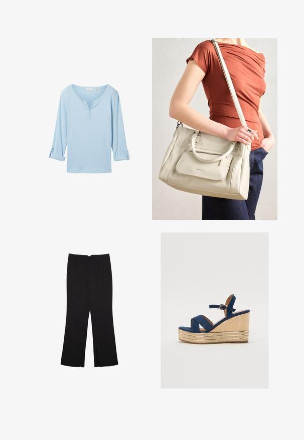 Jasnoniebieska bluzka z długim rękawem o luźnym kroju, z dekoltem w serek i trzema guzikami. Wykonana z fakturowanej tkaniny z podwiniętymi mankietami.; Czarne spodnie o prostym kroju, z przednimi kieszeniami i bocznymi rozcięciami na dole. Wykonane z miękkiego, gładkiego materiału. Odpowiednie na różne okazje.; Granatowe sandały na koturnie z krzyżującymi się paskami, teksturowaną platformą z naturalnego włókna oraz złotym metalicznym akcentem na podstawie.; Biała skórzana torebka z podwójnymi uchwytami i odczepianym paskiem, z przednią kieszenią na zamek i gładką fakturą. Nioszona na ramieniu przez osobę.