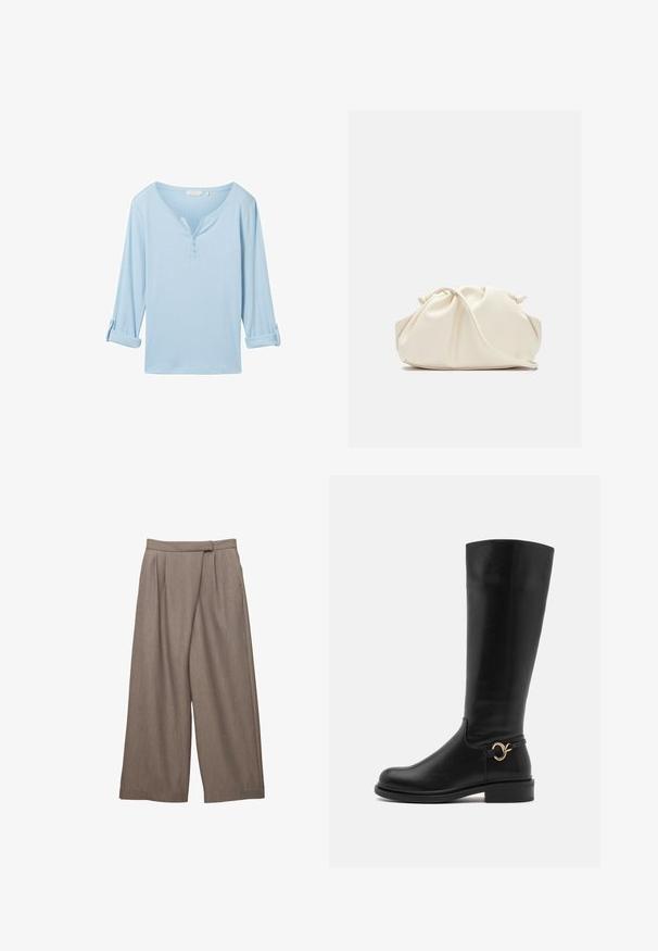 Hellblaues, langärmliges Oberteil mit lockerer Passform, V-Ausschnitt und drei Knöpfen. Hergestellt aus strukturiertem Stoff mit hochgerollten Manschetten.; Weite Hosen aus einem hellbraunen Stoff, mit Falten an der Taille und einer glatten Textur. Mit Seitentaschen für Praktikabilität gestaltet.; Anna Field Wide Fit Stiefel - black; Cremfarbener, weicher Kunstlederbeutel mit gerafftem Design, verstellbarem Schultergurt und subtiler Kordelzug-Verschluss. Glatte Textur und runde Form.; Silberne Tropfohrringe mit abgerundeten, reflektierenden Oberflächen; minimalistisches Design mit glatter Textur und subtilen Brandingdetails.
