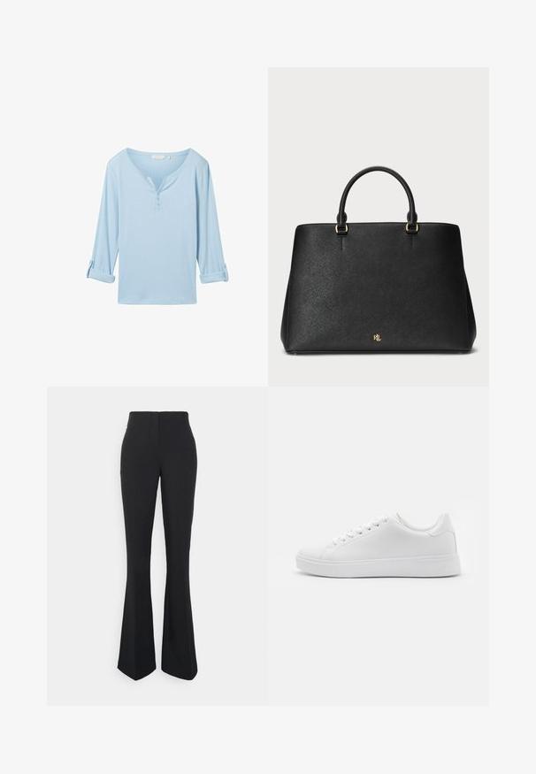 Svijetloplava majica dugih rukava s opuštenim krojem, V-izrezom i tri gumba. Napravljena od teksturiranog materijala s podvijenim manžetama.; ONLY Tall ONLEDINA FLARE PANT - Hlače - black; Bijele tenisice s glatkim sintetičkim gornjim dijelom, okruglim nožnim prstom, šest rupa za vezanje i niskoprofilnom gumenom potplatom s teksturiranim detaljima.; Crna kožna torba sa strukturiranim dizajnom, glatkom teksturom i dva gornja drška. Ima zlatne detalje i logo na dnu.