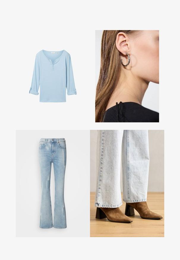 Light blue, long-sleeve top with a relaxed fit, v-neck, and three buttons. Made from textured fabric with rolled-up cuffs.; Scotch & Soda THE GLOW - Bootcut jeans - art from the heart; Brown suede ankle boots with a pointed toe, block heel, and a smooth texture, paired with light blue wide-leg jeans.; Silver hoop earring with a polished finish, featuring small gold accent details and a round shape, worn on the lobe.