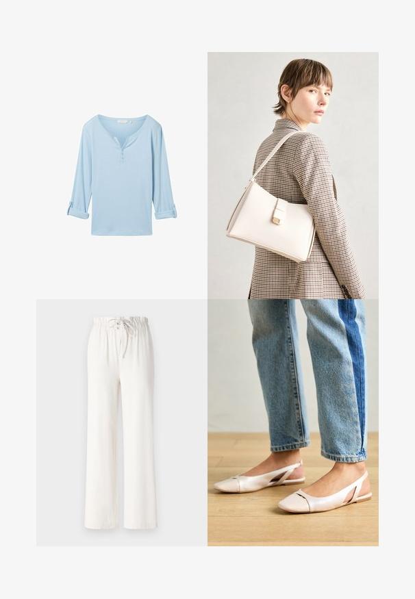 Vaaleansininen, pitkähihainen paita, jossa on rento istuvuus, V-pääntie ja kolme nappia. Valmistettu teksturoidusta kankaasta, jossa on käärityt hihansuut.; Valkoiset leveät housut pehmeästä kankaasta, joissa on nyörivyö ja sileä pinta. Ei kuvioita tai koristeita näkyvissä.; Vaaleanpunaiset slingback-ballerinat, joissa on terävä kärki, valmistettu sileästä nahkamaisesta materiaalista. Sivujen leikkuuyksityiskohdat ja tasapohja.; Valkoinen nahkainen käsilaukku, jossa on jämäkkä muotoilu, magneettinen suljin ja olkahihna, esillä neutraalilla taustalla.