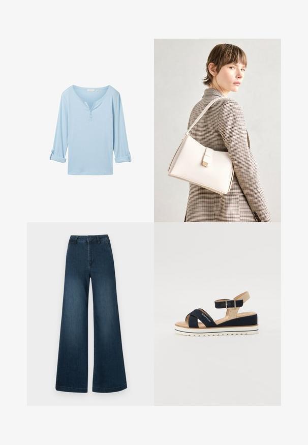 Gaiši zils, garām piedurknēm, brīva piegriezuma tops ar v-veida kaklu un trim pogām. Izgatavots no teksturēta auduma ar sarullētām piedurknēm.; Tumši zili augsta jostasvietā plaša kāju džinsi ar priekšējām kabatām un jostu cilpiņām uz balta fona.; Tumši zili zābaki ar divām auduma siksnām, regulējamu potītes siksnu un teksturētu bēša aizmuguri. Bieza, balta, izgriezta zole. Zīmola nosaukums uz siksnas.; Balta ādas rokassoma ar strukturētu dizainu, kurai ir magnētiska aizdare un plecu josta, parādīta uz neitrāla fona.