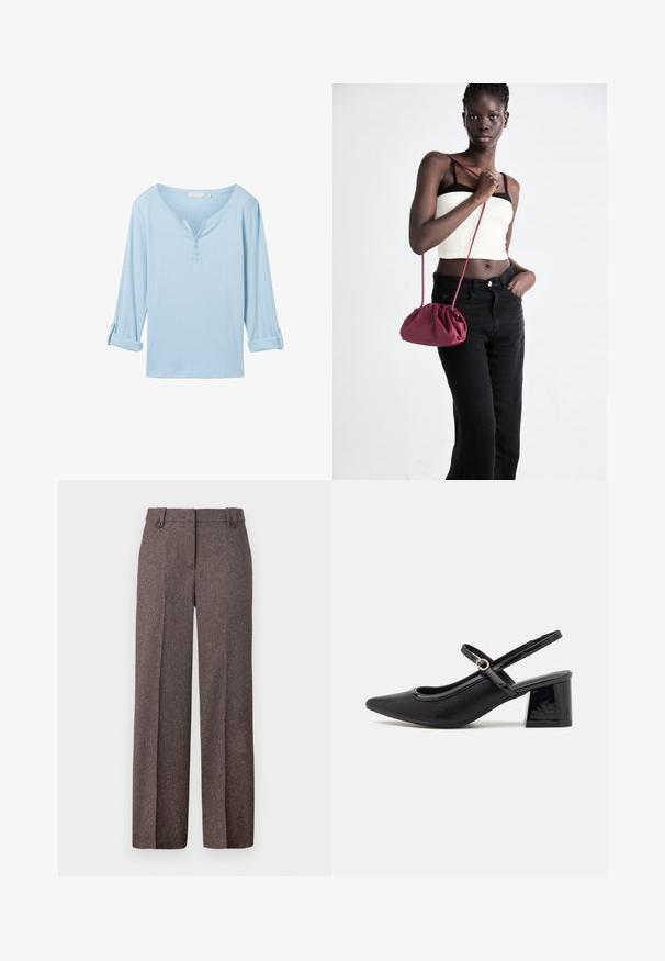 Gaiši zils, garām piedurknēm, brīva piegriezuma tops ar v-veida kaklu un trim pogām. Izgatavots no teksturēta auduma ar sarullētām piedurknēm.; Brūni platā kāja bikses, kas izgatavotas no teksturēta auduma. Satur divas priekšējās kabatas un pieguļošu piegriezumu ar diviem pogām jostasvieta.; Melns patentēts ādas sandales ar norādīta pirksta formu, noapaļotu izgriezuma dizainu un bloķētu papēdi. Iezīmēta ar zelta toņa sprādzi.; Burgundijas mīkstas auduma soma ar sakoptu dizainu un garu siksnu, nēsāta uz krūšu. Modelis valkā baltu piegriezuma topu un melnas džinsus.