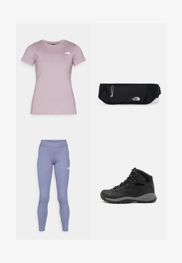The North Face W SS SD SLIM TEE - T-shirt basic - purple chalk; Blauwe sportleggings van zacht, rekbaar materiaal. Heeft een hoge tailleband en een klein wit logo op de linker bovenbeen.; Zwarte wandelschoen met een mid-top ontwerp, voorzien van een gestructureerde bovenkant, grijze accenten en een duurzame rubberen zool met gripnoppen.; The North Face SUNRISER RUN BELT UNISEX - Heuptas - black/white