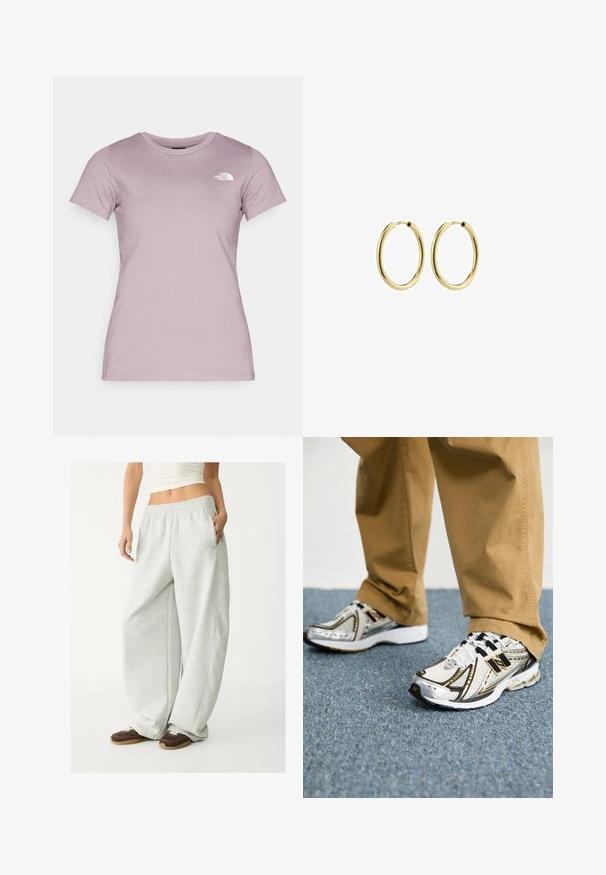 The North Face W SS SD SLIM TEE - T-shirt basic - purple chalk; Pantaloni della tuta grigi chiari con vita elasticizzata, tasche laterali e vestibilità ampia. Realizzati in tessuto morbido e strutturato; presentano cuciture sottili.; Sneaker New Balance bianchi e argentati con accenti e lacci neri, caratterizzati da una tomaia in mesh, una suola ammortizzata e un design dinamico.; Orecchini ad anello in metallo dorato con una finitura liscia, forma circolare e una chiusura sicura. Superficie lucida senza motivi o decorazioni visibili.