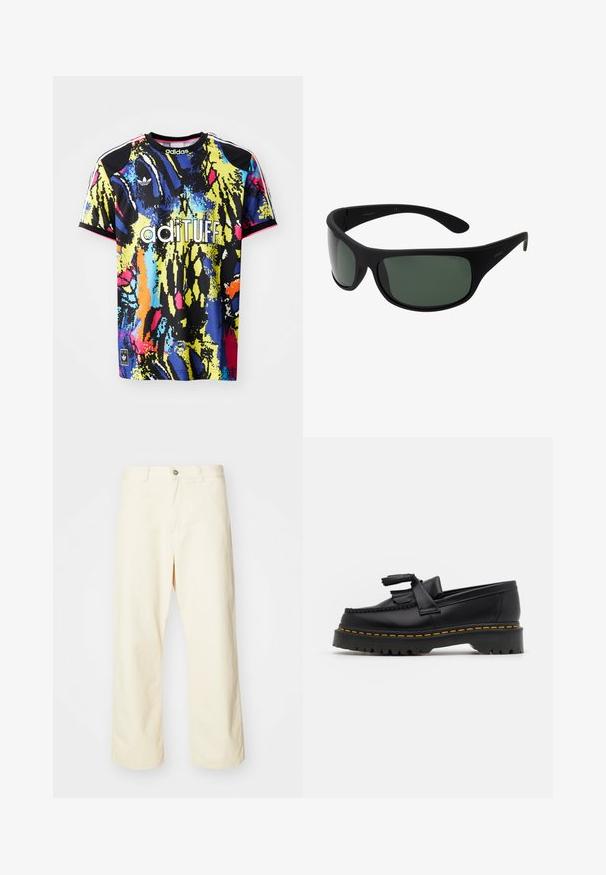 Multicolored adidas sports jersey featuring a vibrant abstract pattern, short sleeves, round neck, and "adituff" logo on the front.; Cream-colored, wide-leg pants made of cotton with a button closure, belt loops, and stitched hem. Smooth texture, no visible patterns.; Black leather loafer with a tasseled accent, featuring a chunky black sole and yellow stitching along the edge. Textured finish.; Black wraparound sunglasses with dark green lenses. Matte finish, curved design, with straight arms and subtle branding on the side.