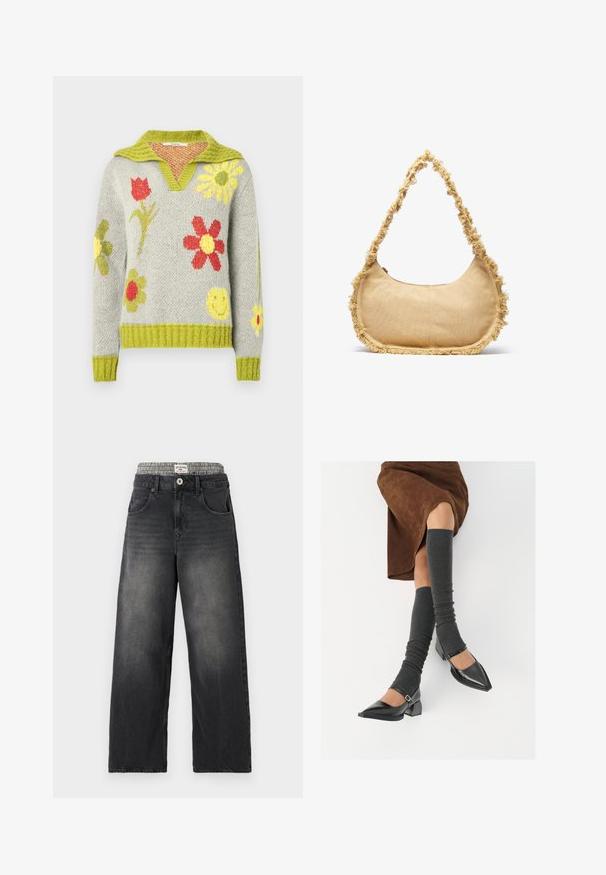 Maglione lavorato a maglia in grigio chiaro con collo e orlo a coste verdi. Presenta motivi floreali colorati in rosso, giallo e verde su tutto il tessuto.; Jeans neri in denim a gamba larga con una cintura a motivo houndstooth. Presentano tasche frontali e chiusura con bottone. Texture usurata.; Scarpe nere in pelle verniciata con punta affilata, tacco a blocco e cinturino alla caviglia, abbinate a scaldamuscoli grigi a coste e una gonna in suede marrone.; Borsa beige strutturata con forma arrotondata, bordo sfrangiato lungo i lati e una tracolla corta per il trasporto. Apertura con zip nella parte superiore.