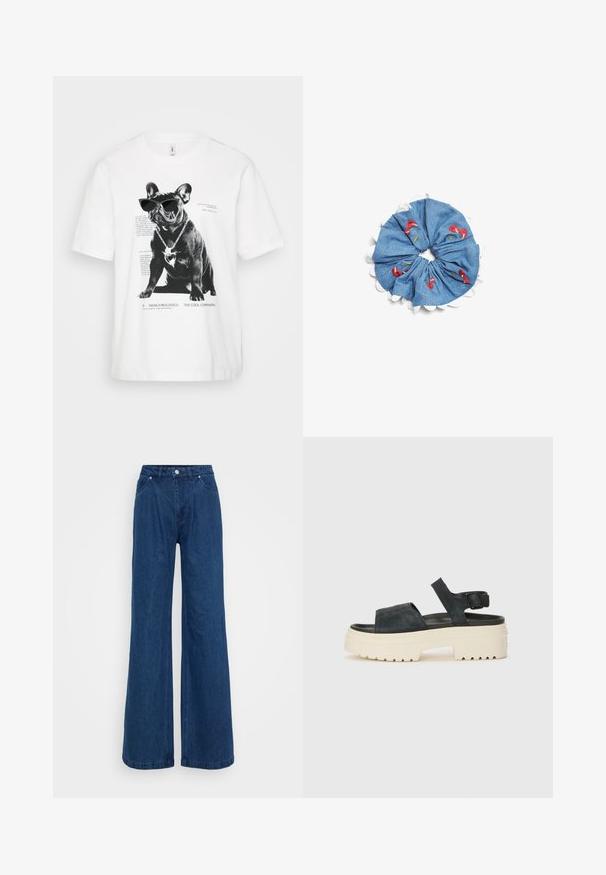Weißes Baumwoll-T-Shirt mit einem schwarz-weißen Druck eines französischen Bulldogs, der eine Sonnenbrille und eine Kettenhalskette trägt, mit Text darunter.; Weite blaue Jeans mit hoher Taille, vorderem Knopf- und Reißverschlussverschluss sowie Vorder- und Hintertaschen vor einem schlichten Hintergrund.; Schwarze Wildleder-Plateausandalen mit einer klobigen weißen Sohle, breitem Vorderriemen und verstellbarem Knöchelriemen. Strukturierte Laufsohle für besseren Halt.; Denim-Haarband mit weißem Wellenrand, verziert mit roten und grünen gestickten Blumenmotiven auf blauem Hintergrund.