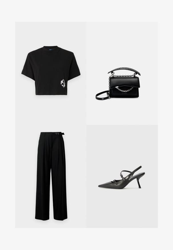 Black cropped t-shirt made from soft cotton. Features a round neck, short sleeves, and a white logo on the left side.; Black wide-leg trousers with a high waist, pleats at the front, and a belt featuring a buckle. Made from smooth, lightweight fabric.; Black leather slingback heels with a pointed toe, slender heel, and decorative buckle detail on the vamp. Smooth texture and sleek design.; Black leather handbag with a structured design, chain and handle accents, and a textured surface. Features a flap closure with branding visible.