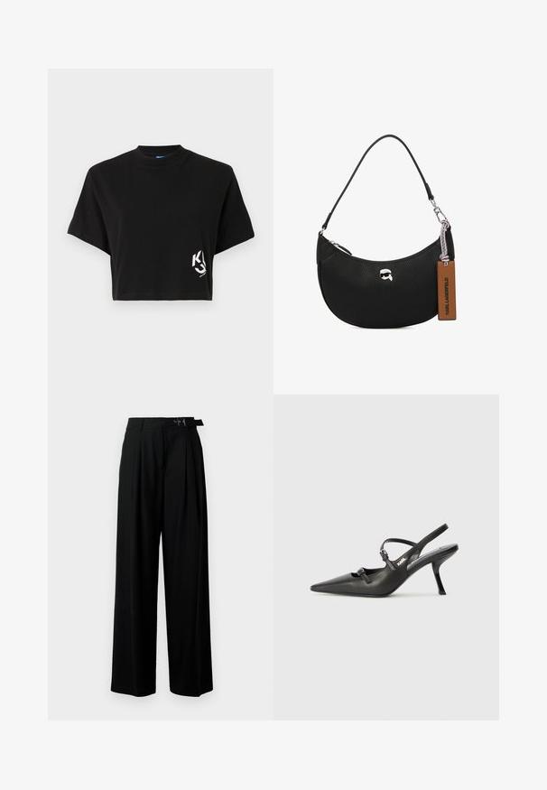 Black cropped t-shirt made from soft cotton. Features a round neck, short sleeves, and a white logo on the left side.; Black wide-leg trousers with a high waist, pleats at the front, and a belt featuring a buckle. Made from smooth, lightweight fabric.; Black leather slingback heels with a pointed toe, slender heel, and decorative buckle detail on the vamp. Smooth texture and sleek design.; Black leather handbag with a pebbled texture, curved shape, top zipper closure, silver hardware, and a brown tag. Features logo accent.