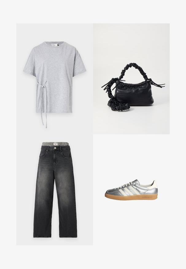 T-shirt grigia in cotone con scollatura rotonda, maniche corte e dettaglio di nodo laterale. Vestibilità casual con texture e design semplice.; Jeans neri in denim a gamba larga con una cintura a motivo houndstooth. Presentano tasche frontali e chiusura con bottone. Texture usurata.; Scarpe da ginnastica argento con accenti bianchi, presentano tre strisce, una punta tonda e una suola in gomma naturalmente colorata. Materiale metallico texturizzato.; Borsa a tracolla in ecopelle nera con texture a coccodrillo, apertura cinchata e tracolla arricciata. Si presenta con un design morbido e compatto.