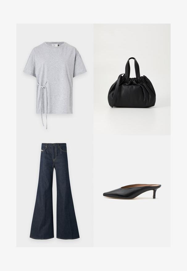 Grijze katoenen t-shirt met een ronde halslijn, korte mouwen en een zijstrikdetail. Textuur, casual pasvorm met een effen ontwerp.; Donkerblauwe flared jeans van denim, met een hoge taille, gouden stiksels en twee voorzakken met een knoopsluiting.; Zwarte leren muiltjes met een puntige neus en een lage, blokhak. Glad oppervlak met een gestroomlijnd ontwerp. Open achterkant met minimale details.; Zwarte leren handtas met een geplooid ontwerp aan de bovenkant, voorzien van twee korte handvatten en een lange verstelbare schouderband. Gladde textuur, ronde vorm.