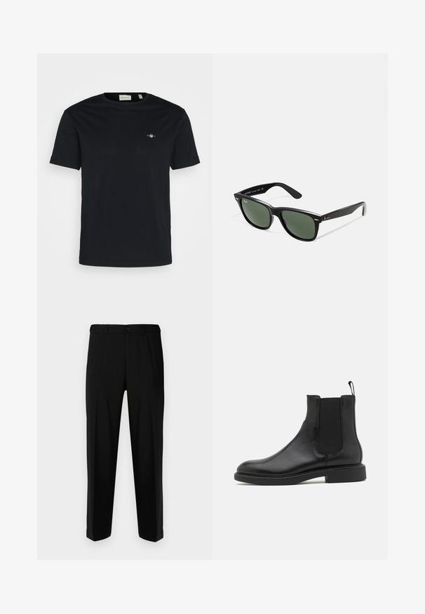 T-shirt en coton noir avec un col rond, des manches courtes et un petit logo sur la poitrine. Texture lisse, coupe standard et sans motifs visibles.; Pantalon noir en tissu lisse, présentant une coupe droite, deux poches avant et une fermeture à glissière avec bouton.; Botte de cheville en cuir noir avec une texture lisse, des panneaux latéraux élastiques et une languette. Bout rond et semelle en caoutchouc plate avec un minimal de relief.; Lunettes de soleil en plastique noir avec verres verts, monture carrée, accent argenté sur le sourcil et branches texturées. Marque indiquée sur l'intérieur de la branche.