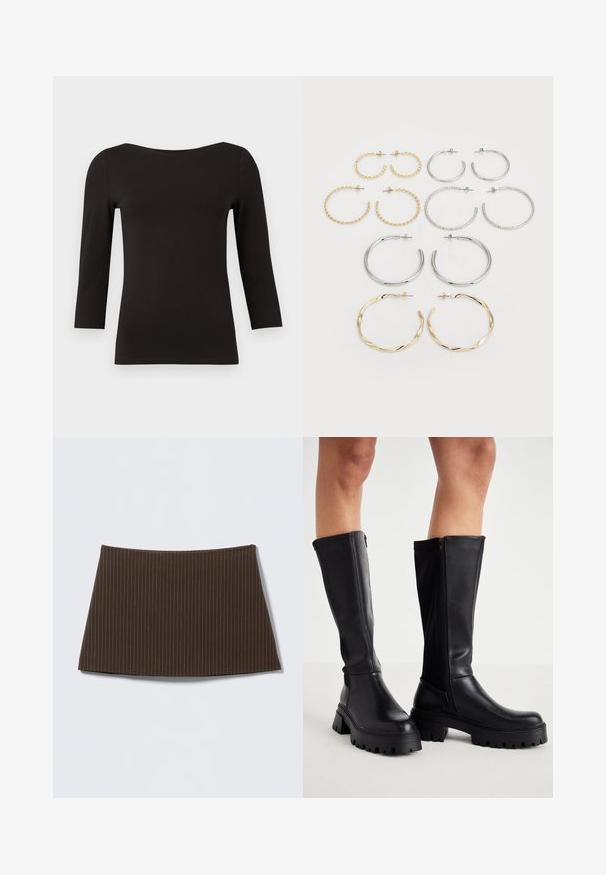 Črn dolg rokav majica iz gladkega, raztegljivega materiala. Ima širok izrez in oprijet silhueto, brez vzorcev ali okrasitev.; Rjava krilo z ozkimi črtami, oprijetega kroja, gladke teksture in razširjenega roba, idealno za krojen videz.; Črne škornje do kolen, izdelane iz gladkega umetnega usnja, z debelim podplatom, bočnim zadrgo in zaobljenim vrhom.; Set dvanajstih uhvorov v srebrnih in zlatih odtenkih. Vključuje zvite, gladke in teksturirane modele v različnih velikostih in končnih obdelavah.