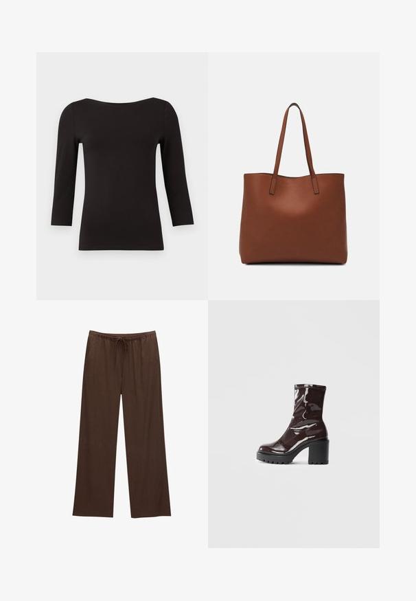 Musta, pitkähihaisen paita, joka on valmistettu sileästä, joustavasta kankaasta. Sen leveä kaula-aukko ja istuva siluetti eivät sisällä kuvioita tai koristeita.; Ruske leve široke hlače izdelane iz mehkega materiala, z elastičnim pasom in vrvico ter dvema stranskima žepoma.; Satea bordeaux berwarna mengkilap dengan tumit hitam tebal, menampilkan tekstur halus dan desain sederhana. Tanpa pengikat atau pola yang terlihat.; Ruskea nahkainen olkalaukku, jossa on sileä pinta, avoin yläosa ja kaksi olkahihnaa. Omaavat vain minimaalisen ompelun eikä näkyvää metalliosaa.