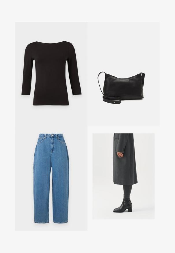 Crni, dugih rukava, majica izrađena od glatkog, rastezljivog materijala. Ima širok izrez i prilagođen siluetu, bez uzoraka ili ukrasa.; Svijetloplave traperice ravnog kroja, visoki struk i prednje kopčanje na gumb. Sadrže pet džepova i minimalne detalje šivanja.; Sivi, krojeni kaput ravnog kroja; uparen s crnim kožnim čizmama do koljena koje imaju četvrtasti vrh i debeli potplat.; Crna kožna torba na rame s glatkom teksturom, zakrivljenim oblikom, podesivim remenom i zatvaranjem na patentni zatvarač. Minimalistički dizajn bez ukrasa.
