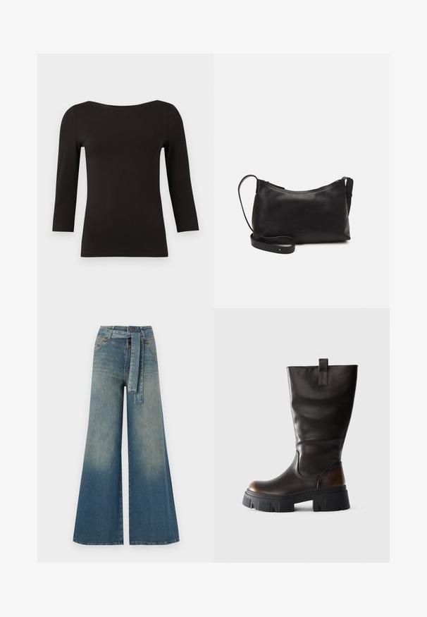 Čierny top s dlhým rukávom vyrobený z hladkého, elastického materiálu. Má široký výstrih a priliehavý strih, bez vzorov alebo zdobenia.; Džínsy s širokými nohavicami, ktoré majú prechod od svetlomodrej po tmavomodrú, vysoký pás, pútka na opasok a opasok z rovnakého materiálu. Textúrovaný denimový povrch.; Vysoká čierna kožená čižma s robustným čiernym platformovým podpätkom a hnedým akcentom na päte, bočný pohľad na svetlosivom pozadí.; Čierna kožená ramenná taška s hladkou textúrou, zakriveným tvarom, nastaviteľným popruhom a zipsom. Minimalistický dizajn bez ozdôb.