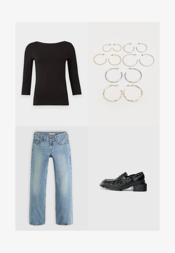 Black, long-sleeve top made of smooth, stretchy fabric. Features a wide neckline and fitted silhouette, with no patterns or embellishments.; Light blue straight-leg jeans made of denim, featuring a button closure, five pockets, and subtle fading along the legs.; Black leather loafers with a structured sole, featuring a slightly raised block heel and a textured upper, secured by a front strap.; Set of twelve hoop earrings in silver and gold tones. Includes twisted, smooth, and textured designs with various sizes and finishes.