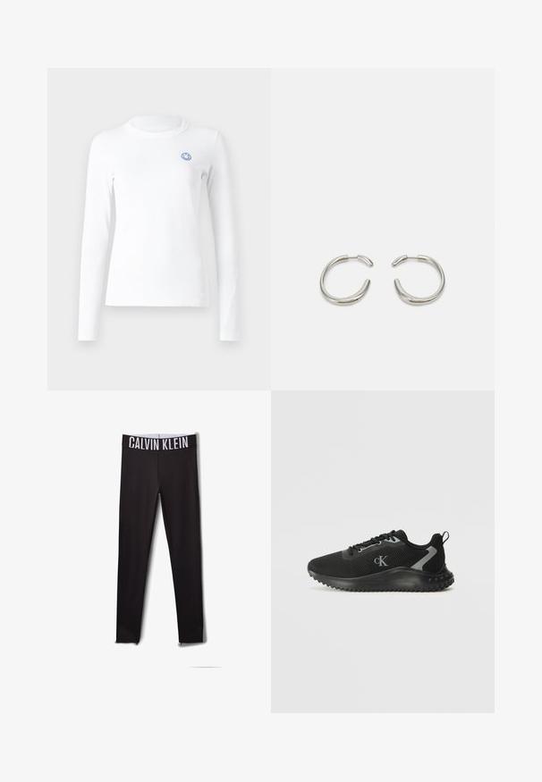Camicia bianca a maniche lunghe realizzata in tessuto morbido con scollo rotondo e un piccolo volto sorridente blu ricamato sul lato sinistro del petto.; Leggings neri con logo "CALVIN KLEIN" bianco sulla cintura. Materiale liscio, design aderente, con dettagli in rete alle caviglie.; Sneaker atletica nera a bassa top con rete traspirante, design con lacci, suola testurizzata e logo "cK" di lato.; Orecchini a cerchio in argento con un design liscio e arrotondato e una finitura lucida e elegante. Presentano una forma minimalista con una leggera apertura.