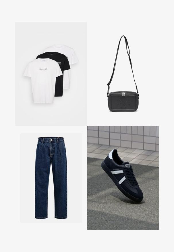Tři trička v balení, dvě bílá a jedno černé. Bavlněný materiál, kulatý výstřih, krátké rukávy, s potiskem na přední straně.; Tmavě modré džíny s rovnými nohavicemi. Mají viditelné švy, zapínání na knoflík a přední záhyby pro zvýraznění detailu.; Černé kožené tenisky s bílými pruhy, texturovanou gumovou podrážkou a šněrováním vpředu. Obsahují značenou etiketu na jazyku.; Černá kožená taška přes rameno s uzávěrem na zip, vyraženým logem na přední straně a nastavitelným popruhem. Hladký povrch s obdélníkovým tvarem.