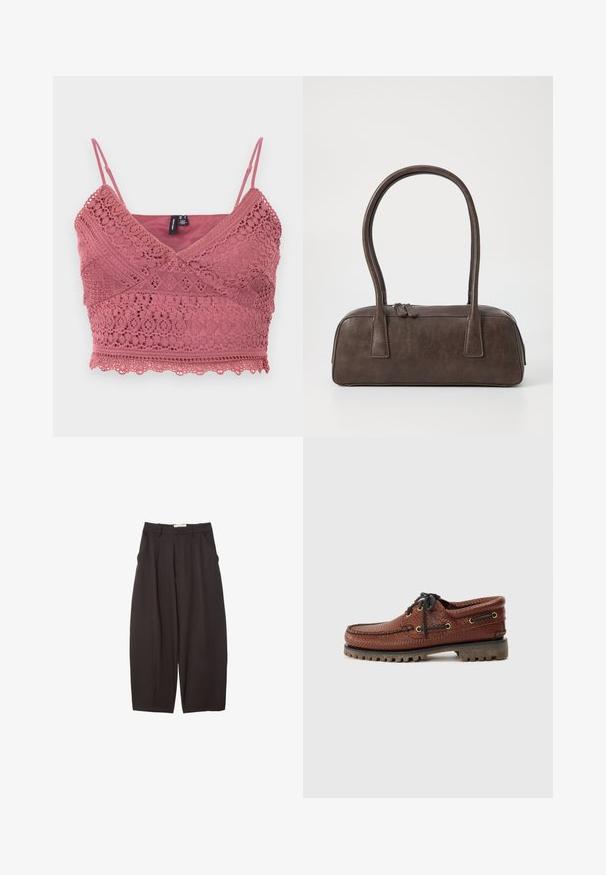 Bralette in rosa chiaro realizzato all'uncinetto, dotato di spalline regolabili, orlo scallop e intricati motivi in pizzo su tutta la stoffa.; Pantaloni neri a gamba larga realizzati in un tessuto morbido, con vita alta, pieghe frontali e tasche laterali. Design semplice senza decorazioni.; Scarpa da barca in pelle marrone con tomaia testurizzata, chiusura con lacci neri e occhielli dorati. Presenta una suola in gomma rigata e resistente.; Borsa a mano in pelle marrone con due manici robusti, forma rettangolare, texture liscia e chiusura con zip. Design minimalista senza motivi visibili.