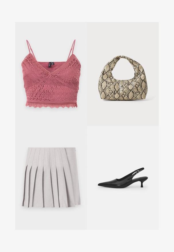 Różowy koronkowy bralet z regulowanymi ramiączkami spaghetti, falbaniastym dołem i skomplikowanymi wzorami koronkowymi na całej powierzchni tkaniny.; Szara plisowana spódnica o gładkiej fakturze, z licznymi pionowymi fałdami i dopasowaną talią. Wykonana z lekkiego materiału.; Czarne skórzane buty typu slingback z wydłużonym noskiem i smukłym, zakrzywionym obcasem. Posiadają dyskretny regulowany pasek z metalową klamrą.; Torebka w wężowy wzór z zakrzywionym uchwytem. Wykonana z teksturowanych, beżowych i brązowych materiałów, z charakterystycznym wzorem w diamenty.