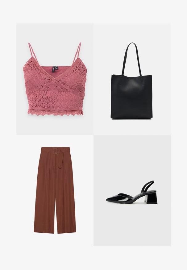 Bralet din croșetat de culoare roz-păpădie, cu bretele ajustabile, margine ondulată și modele intricate din dantelă pe întreaga țesătură.; Pantaloni evazați din țesătură maro, prevăzuți cu un curea cu cataramă pătrată, design pliat și textură netedă.; Pantofi cu toc slingback din piele lacuită neagră, cu vârf ascuțit și toc geometric. Prezintă un design elegant, minimalist și o textură netedă.; Geantă tote neagră din piele, cu textură netedă, formă rectangulară și două mânere lungi. Fără hardware vizibil sau ornamente.